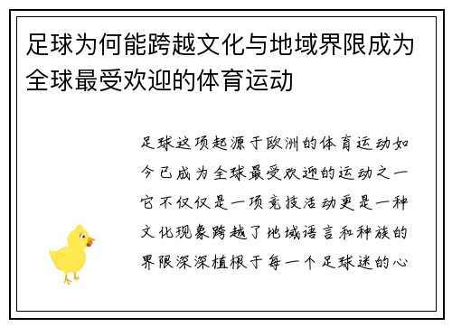 足球为何能跨越文化与地域界限成为全球最受欢迎的体育运动